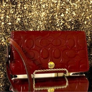 Coach Peyton Signature Embossed Patent Leather Wristlet Wallet Merlot Red